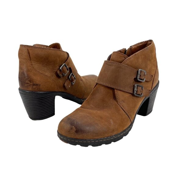 Bøc Born Concept Womens 8.5 Leather Buckled Ankle Boots Brown Stacked Heel Boho - Picture 1 of 9